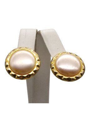 Vintage Pearl Cabochon Earrings, Gold Tone Frames on Bridal Clip Ons